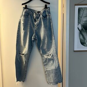 Express Jeans Modern Straight super high rise distressed finish. Size 16/R